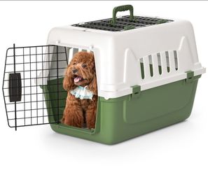 22" Pet Cage Portable Travel Carrier Transport Box, Hard Sided Dog Cat Kennel with Handle and 2 Doors, Airline Approved, White/Forest Green