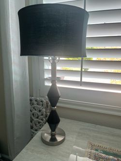 Modern Geometric Table Lamp – Brushed Nickel & Dark Wood/Composite Accent w/ Charcoal Drum Shade 27”