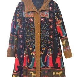 Floriday Quilted Horse Tree Coat With Multicolor Floral And Horse Print And Faux Fur Trim