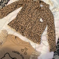 Hello Kitty leopard Shirt And Jean Jacket Little Girl Size 6