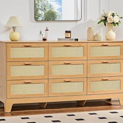 Modern 9 Drawers Dresser-Rattan Style Natural Wood 