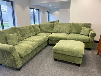New Corduroy Sectional.  Green, Beige, Grey.  99” X 99”.  Free Delivery!