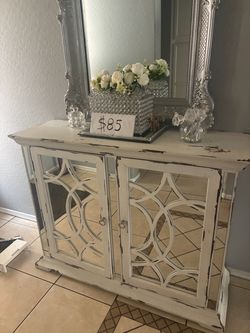 White Distressed Mirrored Console Cabinet
