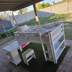 Twin Low Loft Bed Including Mattress , Desk,Stool, Bookcase & bins