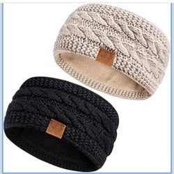 Winter Headbands for Women Wool 2 Pack, Ear Warmers for Women Headband Knit Thick Fleece Lined, Cold Weather Warm Ear Muffs(Black+Beige)