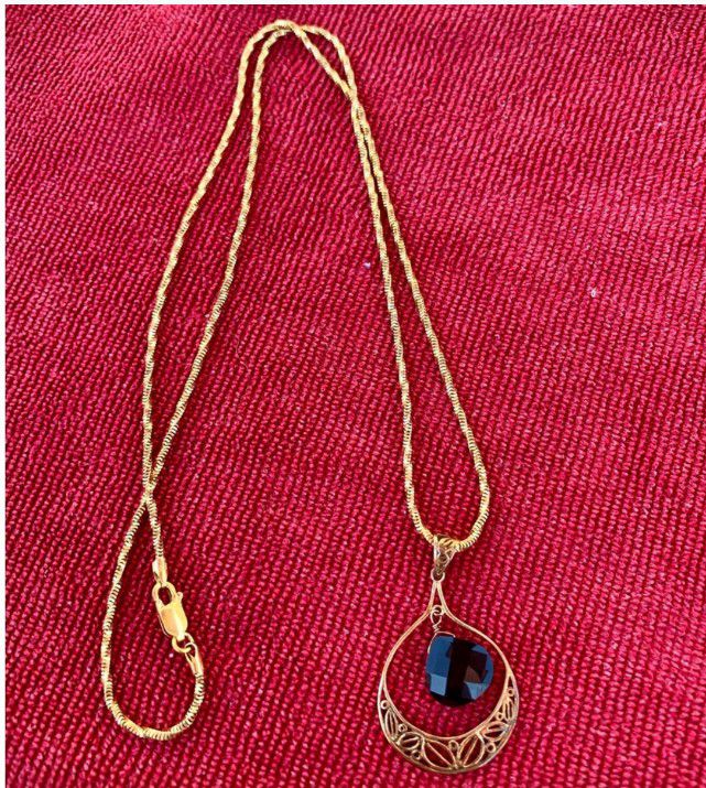 Vintage 925 Solid Silver Necklace And Black Onyx Pendant 24" Necklace Gold Washed 