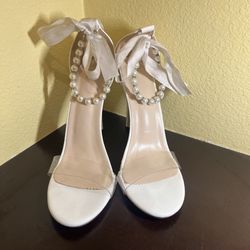 White Satin Pearl Ankle Strap Stiletto Heels Ribbon Tie Bridal US 9.5 EU 41