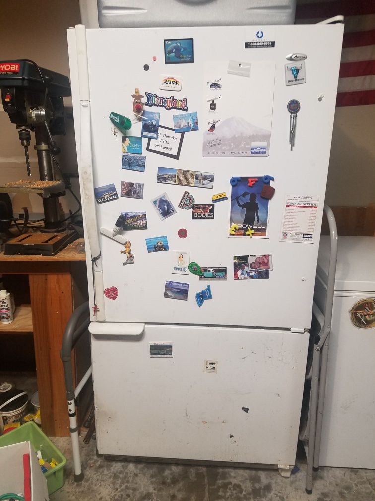 Amana refrigerator with bottom freezer.