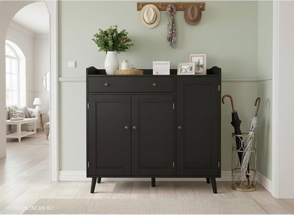 Black Large Shoe Cabinet fit up to Shoe Size 16, Shoe Storage Cabinet with 3 Doors and 1 Drawer, Wooden Shoe Organizer for entryway