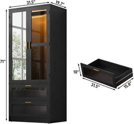 🥨2 Doors Armoire Wardrobe Closet with LED and Mirror,71" H Freestanding Wooden Wardrobe Closet Cabinet for Bedroom w 2 Drawers,Wooden Clothing Storag