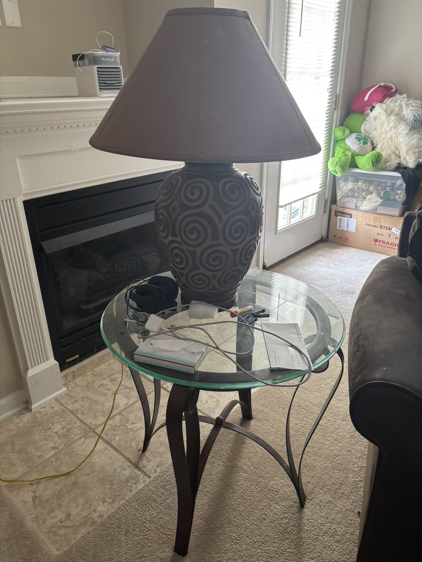 Glass And Metal Side Table And Table Lamp