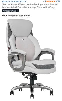 Sharper Image S600 Active Lumbar Ergonomic Bonded Leather Swivel Executive Massage Chair, White/Gray