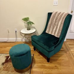 Green Velvet Chair & Ottoman 