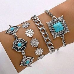 4 PCS Beach Style Green Turquoise Square Petal Silver Bracelets Set For Women