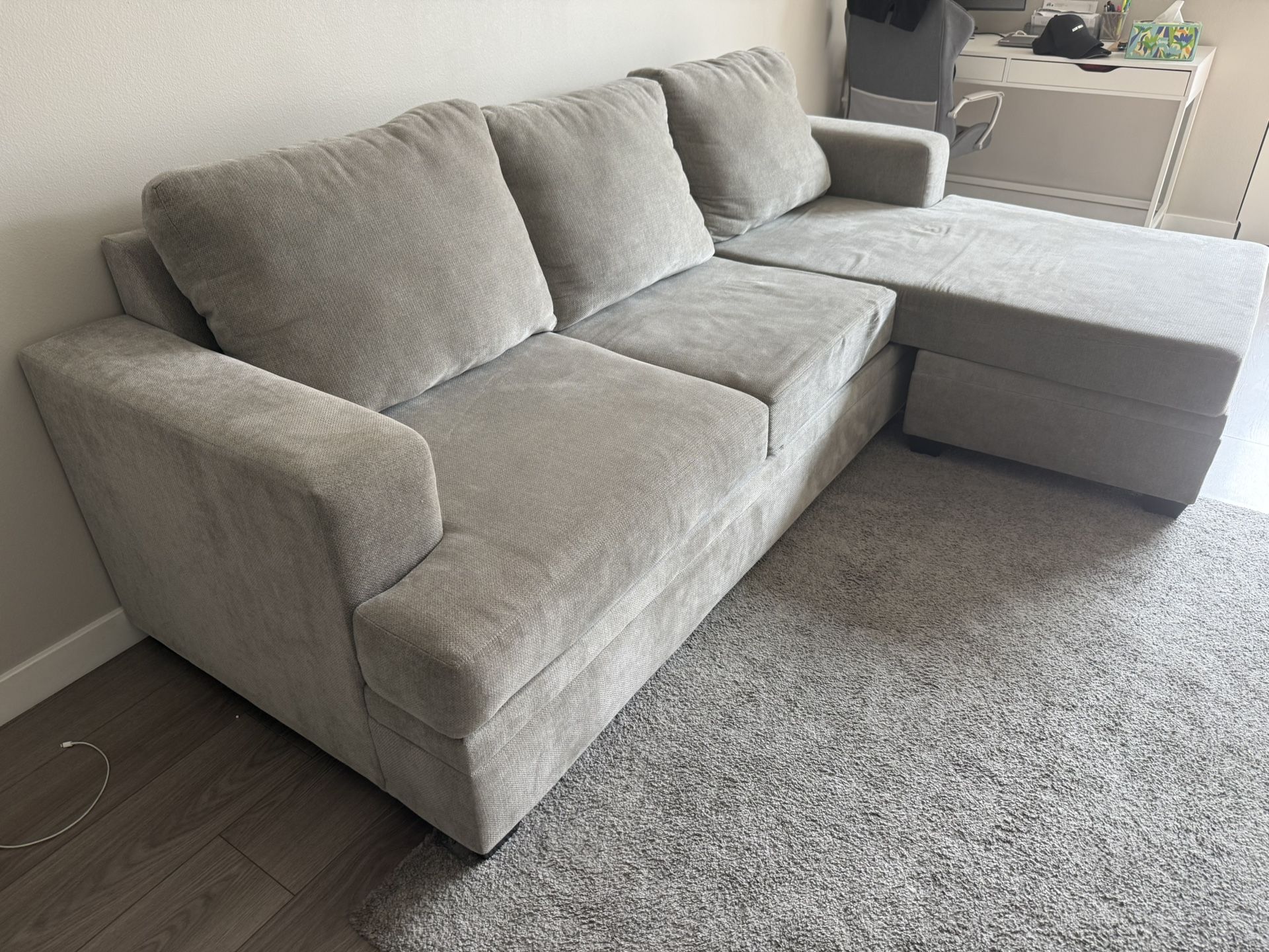 Bonaterra Dove Grey Fabric 97" Sofa with Reversible Chaise | Track Arms | Loose Reversible Back