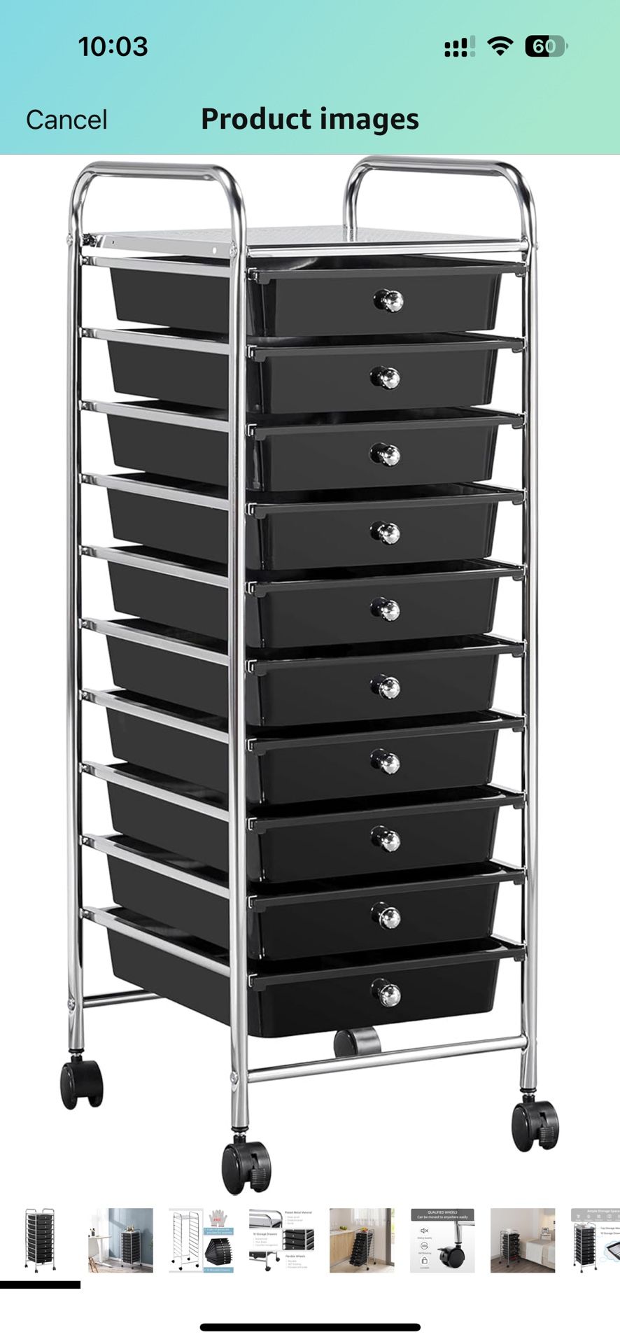 Rolling Cart Organizer Plastic Trolley with 10 Storage Drawers Utility Cart on Wheels Art Craft Organizer Ample Storage Space, Black
