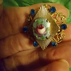 Vintage Handpainted Pin/Brooch With Blue Crystals.  