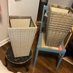 Two Beautiful Plants Pot (19” High X 11” Wide) With A Old Chair For One Pot, And A Small Plant Pot (NO SHIPPING)