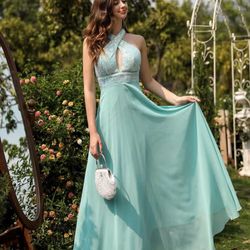 Formal Light Blue/Green elegant Maxi Dress. Prom, Party, Braids maid