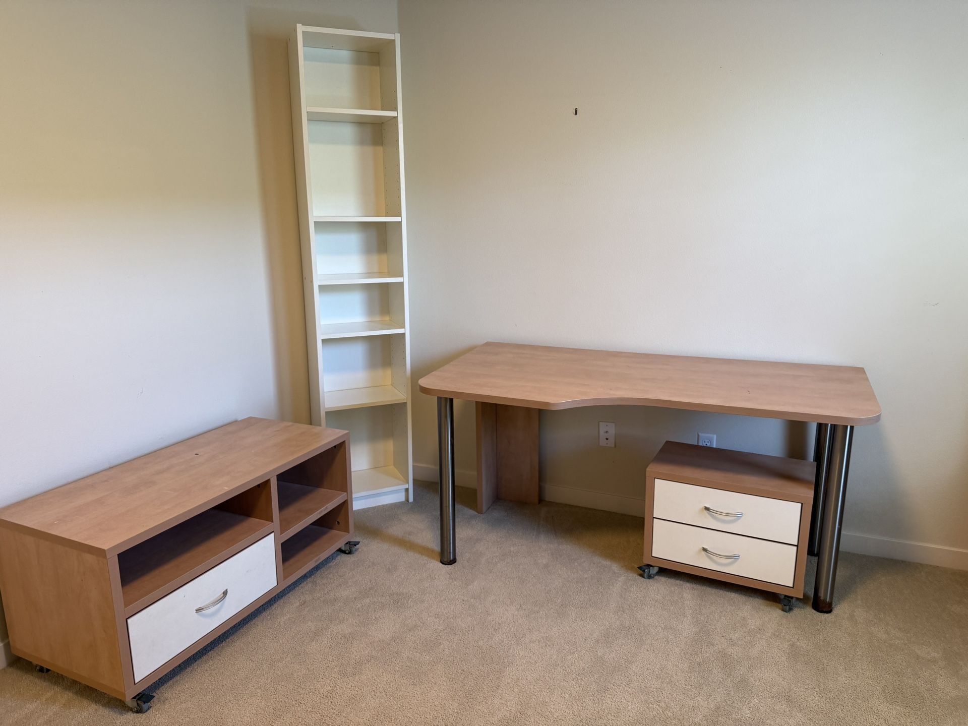 Desk, TV Stand On Wheels, Drawers Set And Bookshelves