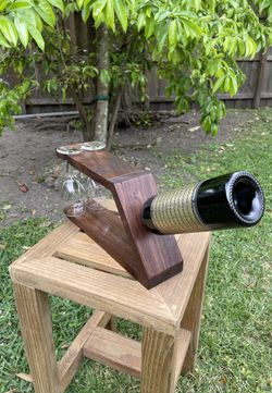 Hand Crafted Black Walnut Wine Bottle And Glass Holder