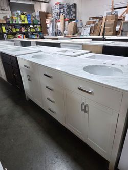 Beautiful white bathroom Vanity 72" with marble top