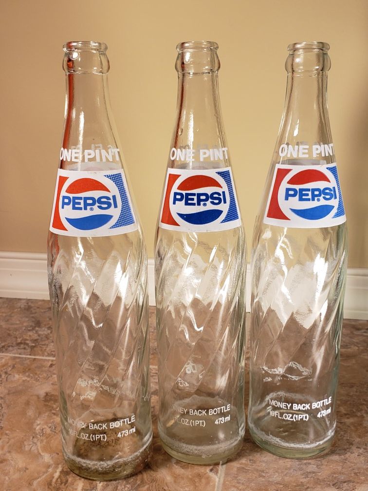 Three (3) Vintage Pepsi Cola Bottles, One Pint 16 oz Pepsi Bottle
