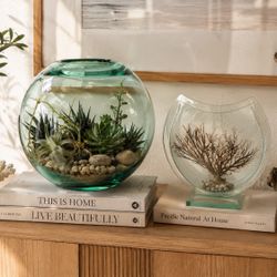 Vintage Blenko Handcraft Glass Sea Green Orb Globe & MOON Vase Fan Coral Sculptural Table decor DYI Mid Century 
