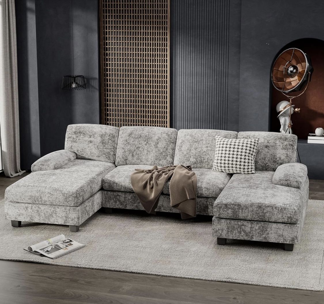 Furniwell Convertible Sectional Sofa Couch, 4 Seat Sofa Set for Living Room U-Shaped Modern Fabric Modular Sofa Sleeper with Double Chaise & Memory Fo