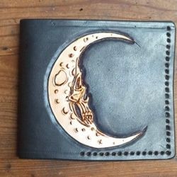 Custom Handmade Moon Skull Bifold Wallet. Comes With Your Initials.