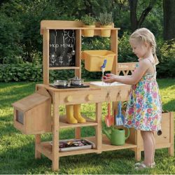 Wooden Mud Kitchen for Kids, Outdoor Play Kitchen with Real Running Water Sink, Mud Table, Gravity Water Tank, Planting Box, Critter Observation Box, 