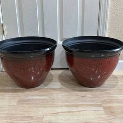 New Set of 2 XL Faux Ceramic Planters 16” Planter Flower Pot Black & Red