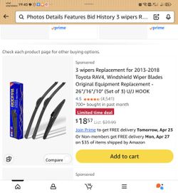 Photos
Details
Features
Bid History
3 wipers Replacement for 2013-2018 Toyota RAV4, Windshield Wiper Blades Original Equipment Replacement - 26"/16"/1