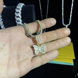 Gold Baguette Butterfly 3mm16inch Diamond Tennis Chain Bundle💎✨