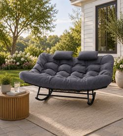 Double Outdoor Rocking Papasan Chair, Oversized Rocking Chair for 2-Person, Loveseat Rocker with Soft Cushion & Rattan Frame, Large Lounge for Patio G