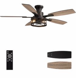52 Inch Flush Mount Ceiling Fans with Lights and Remote Control, Low Profile Farmhouse Ceiling Fan for Bedroom Living Room and Patio, Black Caged Ceil