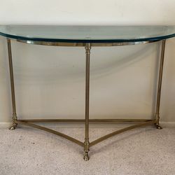 Hard To Find Vintage Antique Half Moon Labarge La Barge Hollywood Regency Glam Solid Brass Thick Glass Sofa Console Entry Serving Table Hoof Feet