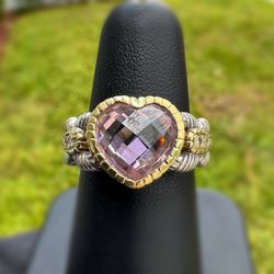 Judith Ripka Jewelry .925 sterling silver 18k yellow gold pink CZ Heart Natural diamond 3.10CTW Ring size 6.75