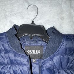 GUESS Men's Navy Blue Puffer Jacket Quilted Zip Stand-Up Collar Logo Size M