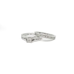 14K White Gold 1.2Ctw Natural Diamond Princess & round cut Wedding rings set sz6