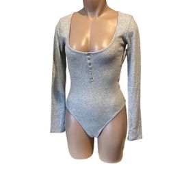 Open Edit Woman’s Gray Ribbed Body Suit