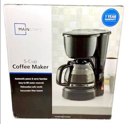 Mainstays 5 Cup Drip Coffee Maker Black Carafe Easy Fill Pause Filter Basket, NEW