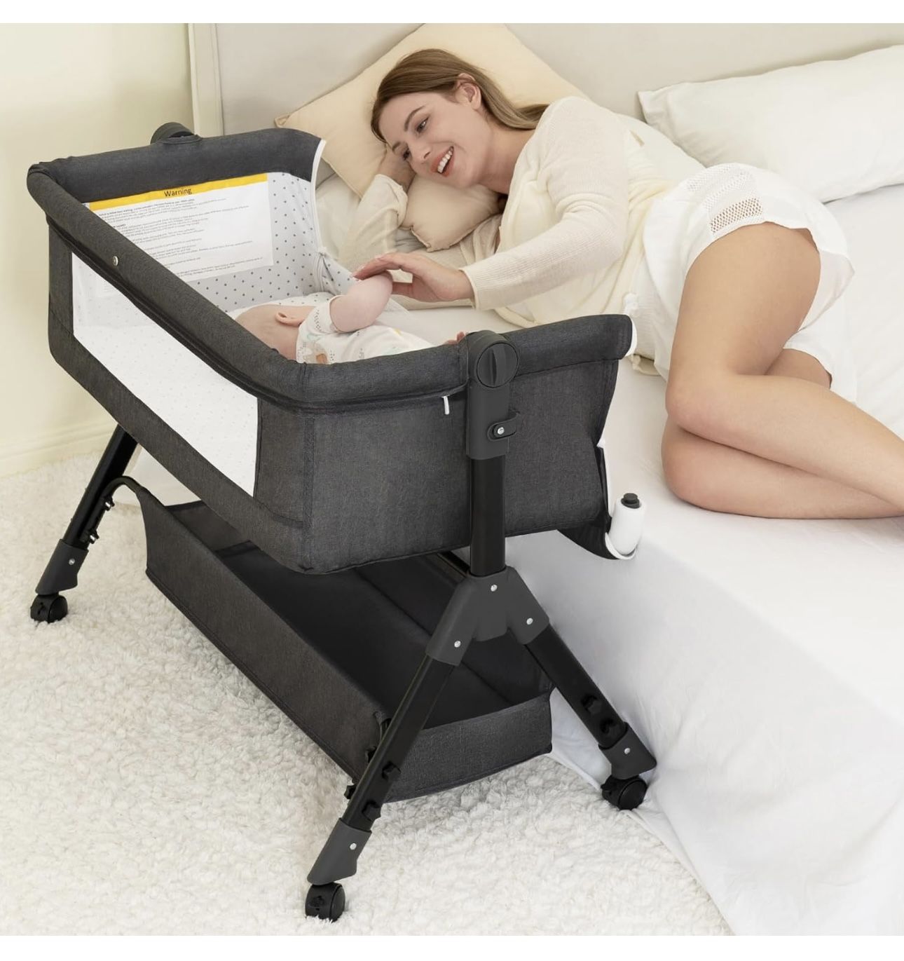 Foalom Baby Bassinet, 3 in 1 Baby Bassinet, Baby Basinet Bedside Sleeper, Easy to Fold Portable Crib Side Bassinet, Baby Cradle with Storage Basket
