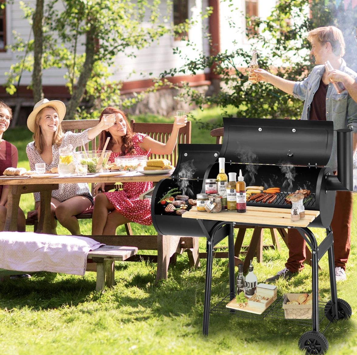 BBQ Charcoal Grill, 45.28 Inch Length Portable Barbecue Grill, Offset Smoker Barbecue Oven with Wheels & Thermometer for Outdoor Picnic Camping Patio