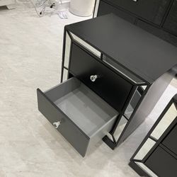 Reduced - Small Dents - A Black Nightstands, Silver Mirrored Trim, Jeweled Crystal Knob