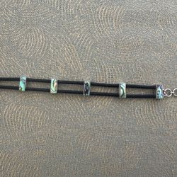 Vintage Sajen Men's Sterling Silver 925 Spaced Bar Abalone Inlay Double Rubber Cord 7.75"-9.75" Bracelet This striking sterling artisan crafted bracel