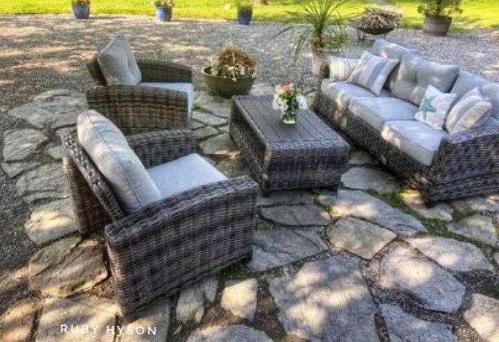 Big Sale ✓ Cloverbrooke Gray Outdoor Sofa, 2 Chairs, Coffee Table Furniture Set| Garden, Other Decor @ Sameday Delivery 🚚