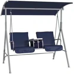 2-Person Metal Patio Swing with Canopy, Table, 2 Cup Holders Navy Blue Cushions brand new in box $99 x31