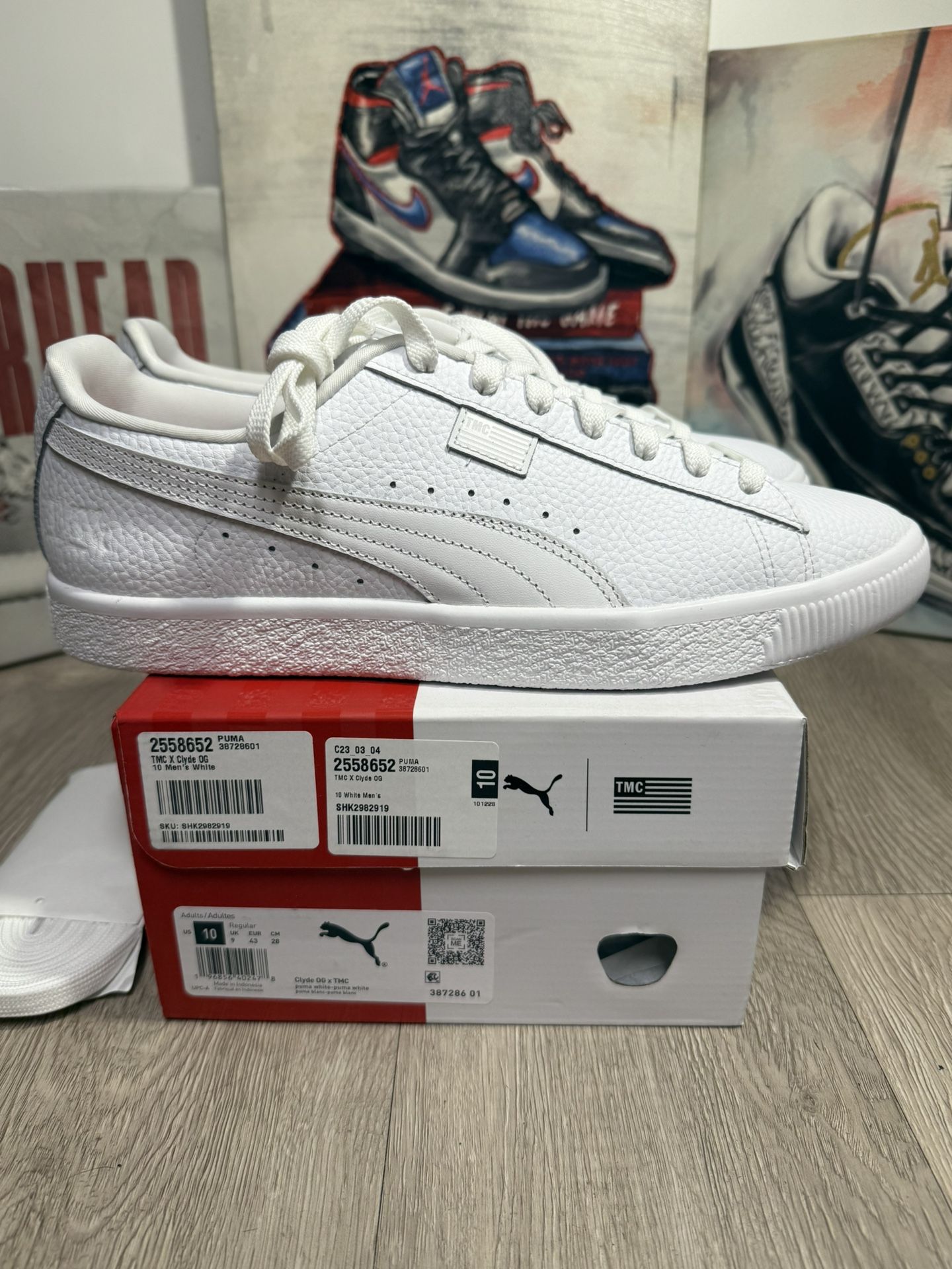 New TMC Nipsey x Puma Clyde OG Triple White Size 10 US Sneakers Shoes 387286-01