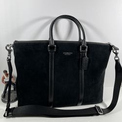 NWT COACH Caleb Work Bag Silver/Black Suede and refined pebble leather $598